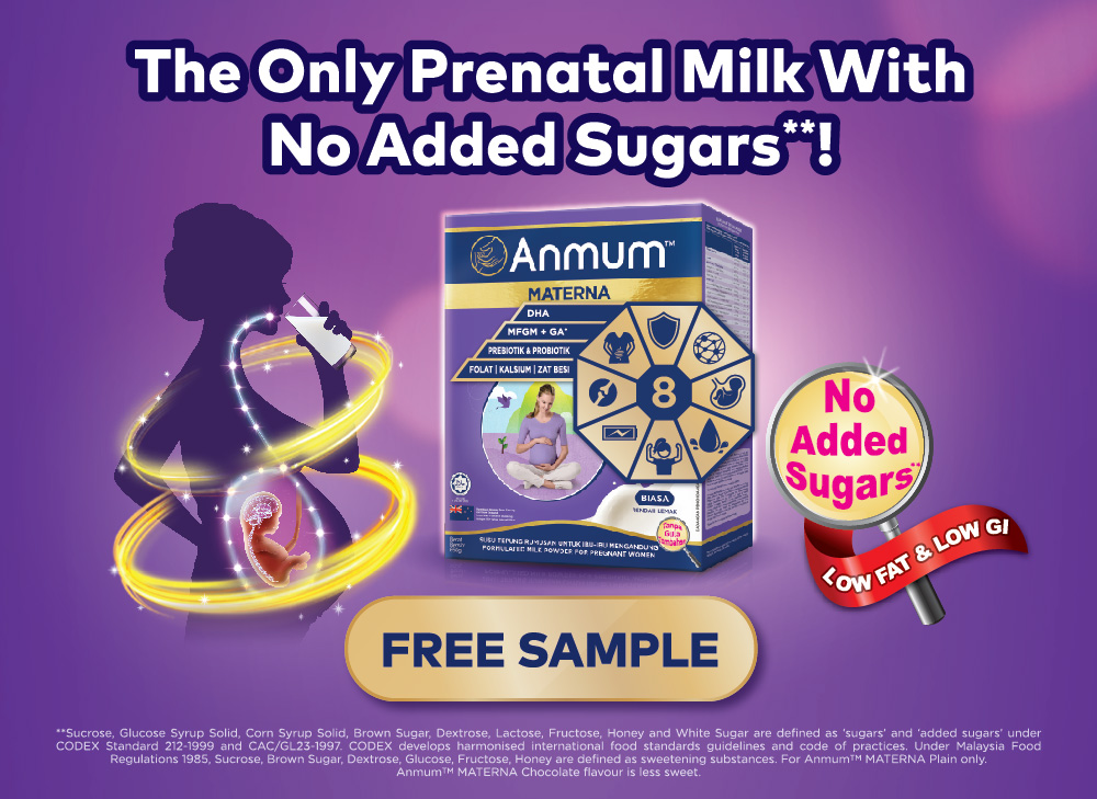Anmum™ MATERNA: Satu-satunya susu pranatal tanpa gula tambahan#. Sokonglah 100%^ keperluan kehamilan
