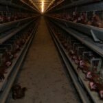 Hundreds of hens caged in a barn